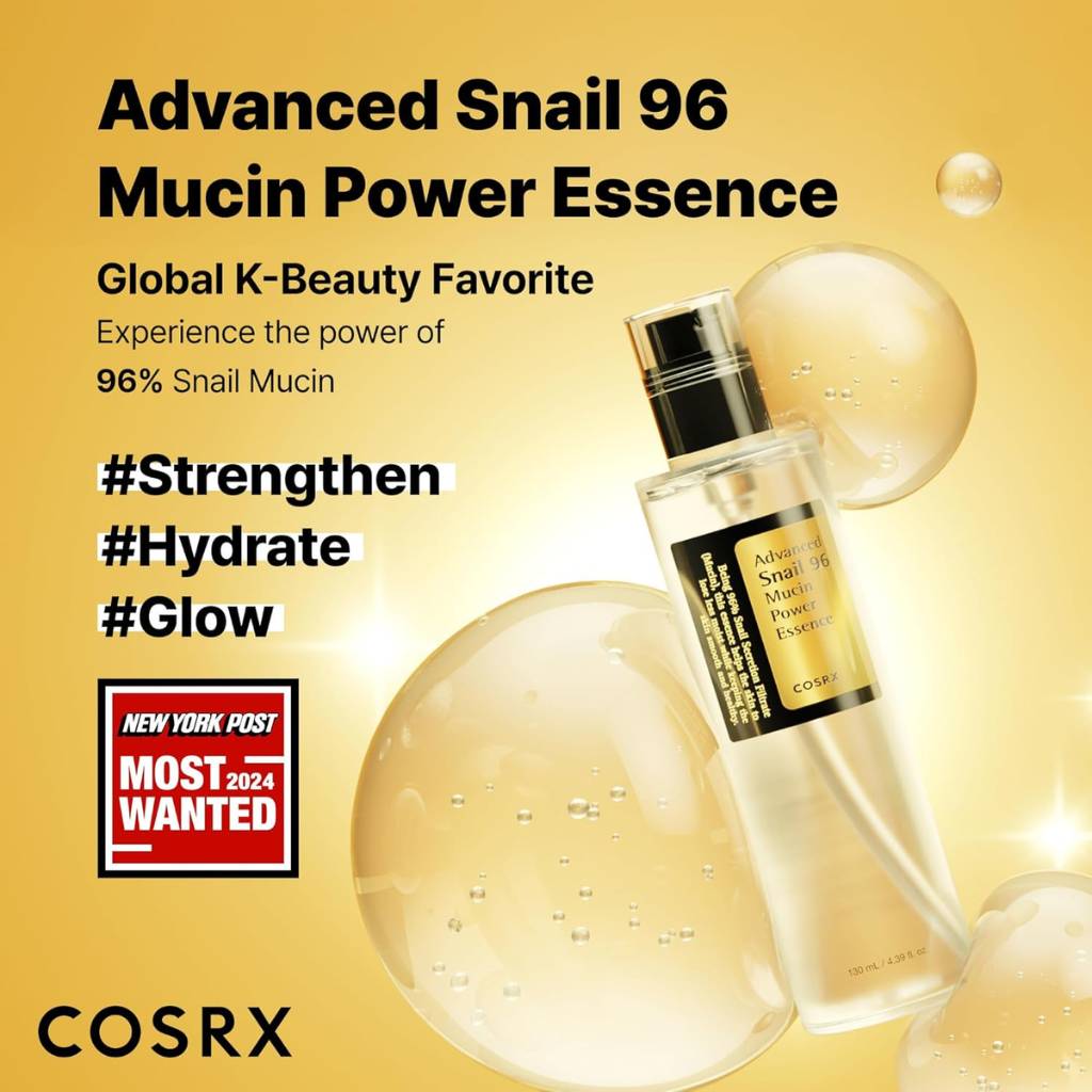 COSRX Advanced Snail 96 Mucin Power Essence bottle with text on a yellow background