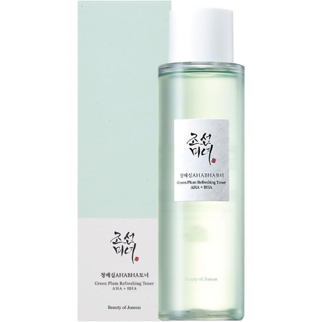 Beauty of Joseon Green Plum Refreshing Toner bottle with label on a light green background