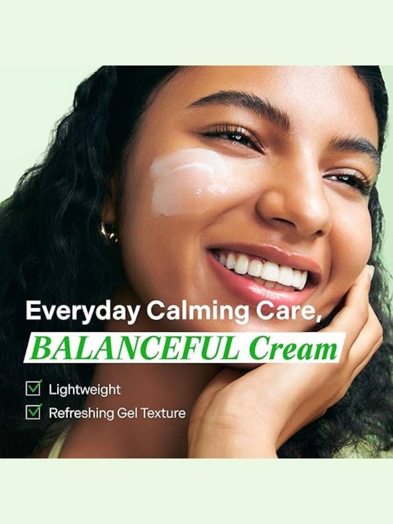 Advertisement for Balanceful Cream with a woman applying cream to her face.