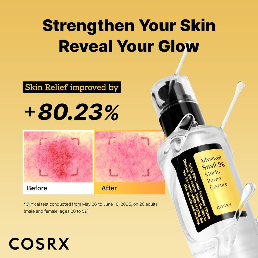 Cosrx skincare product with before and after effect on skin texture, on a yellow background.