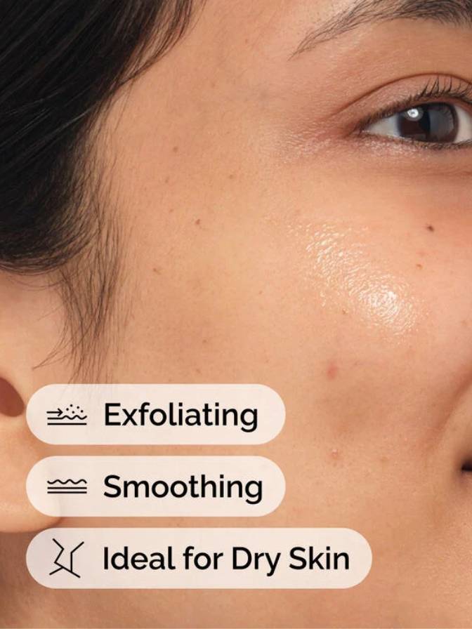 Close-up of a person's face with text indicating exfoliating, smoothing, and suitability for dry skin.