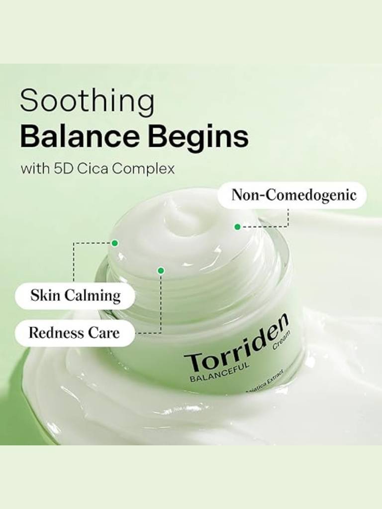 Torriden cream jar with text highlighting benefits on a green background