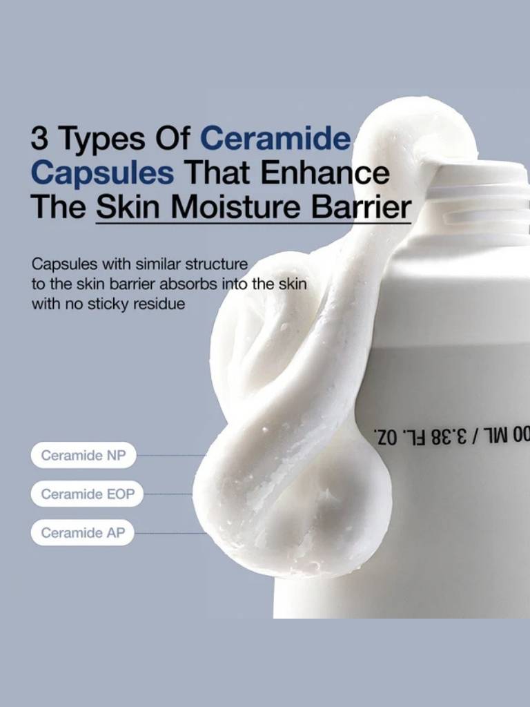 Ceramide capsules with a close-up of cream on a gray background