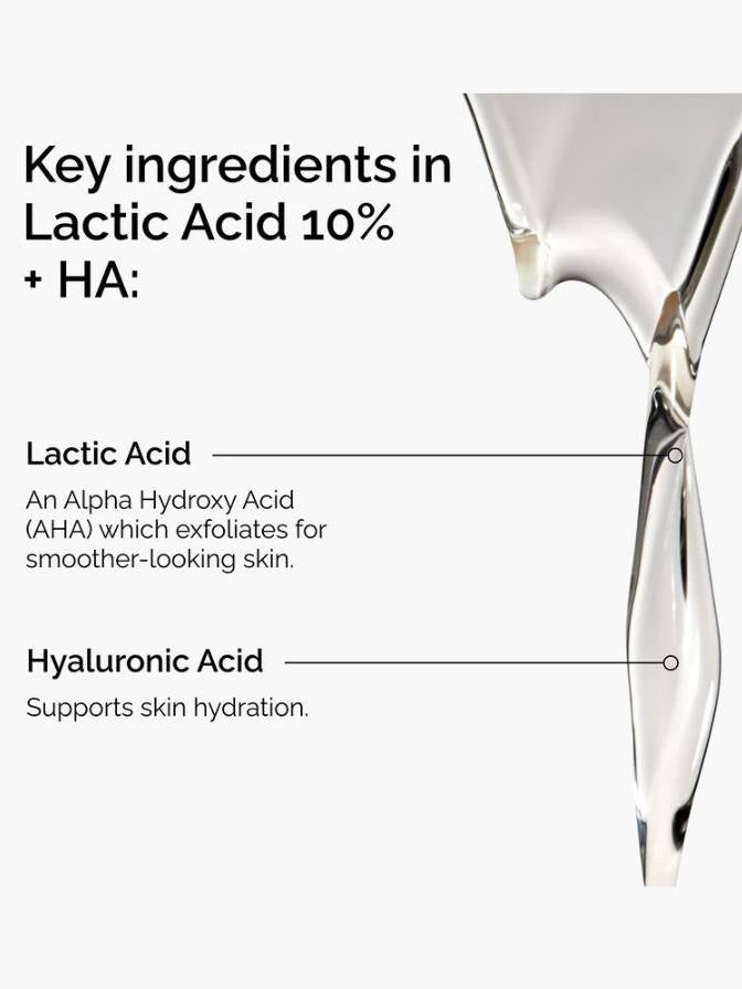 Glass with skincare product and text about lactic acid and hyaluronic acid on a white background