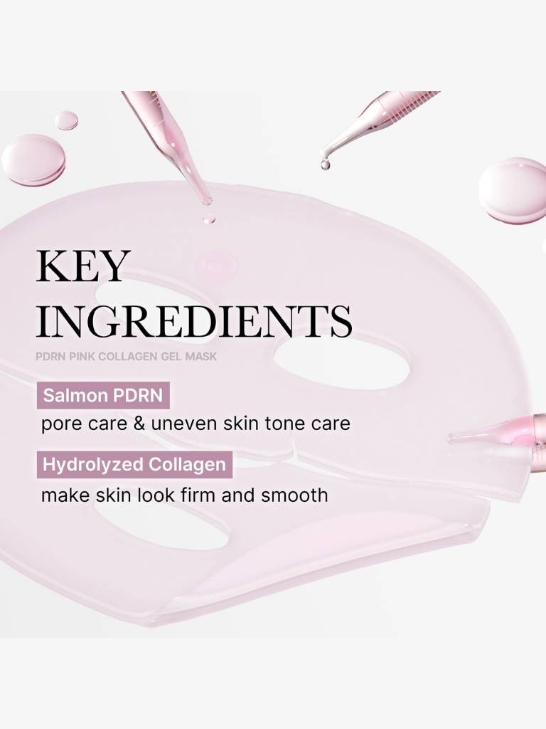 Pink collagen gel mask with key ingredients listed on a white background