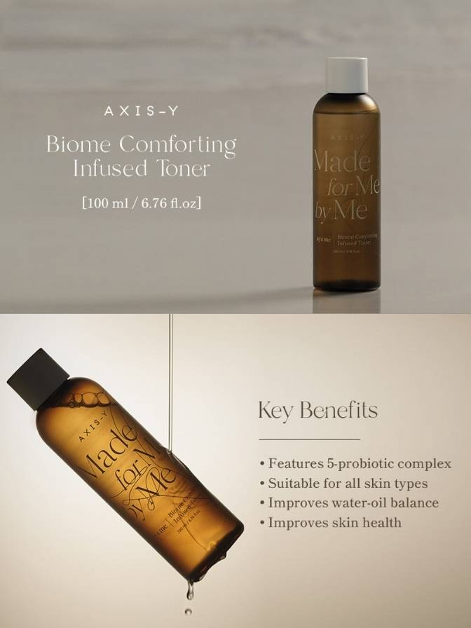 Axis-Y Biome Comforting Infused Toner bottle with key benefits text on a neutral background