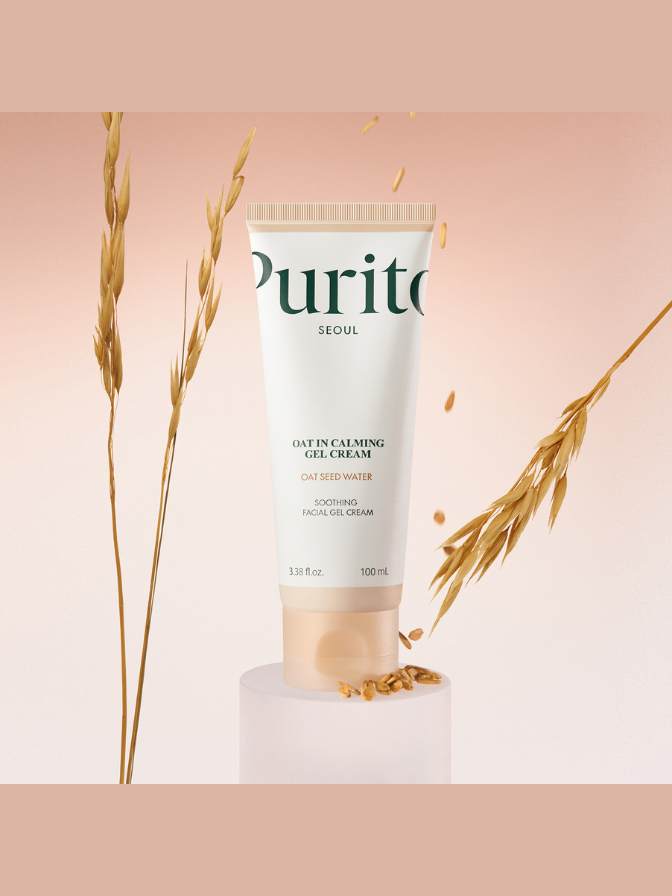 Purito Seoul skincare product on a pink background with wheat stalks