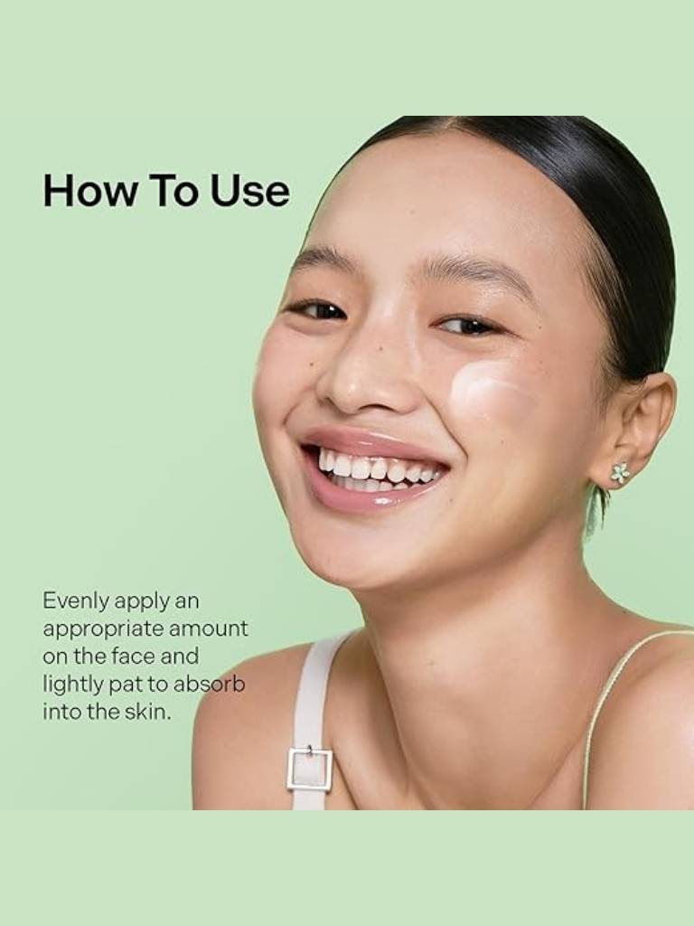 Woman applying skincare product with text on a green background