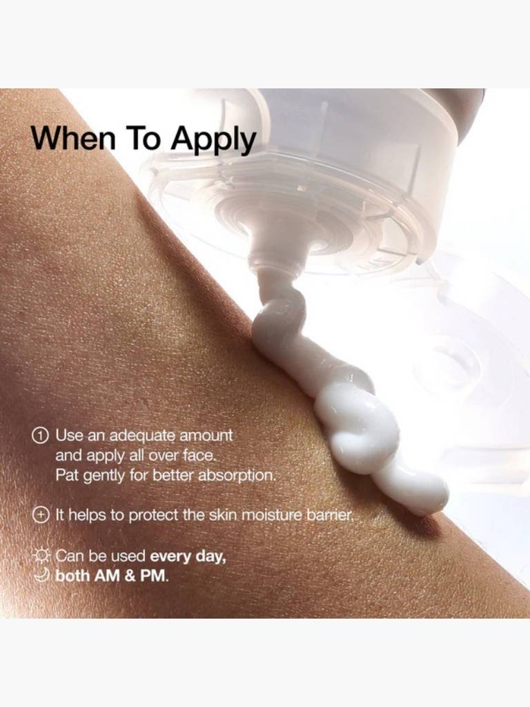 Cosmetic product being applied to skin with text on when to use it.