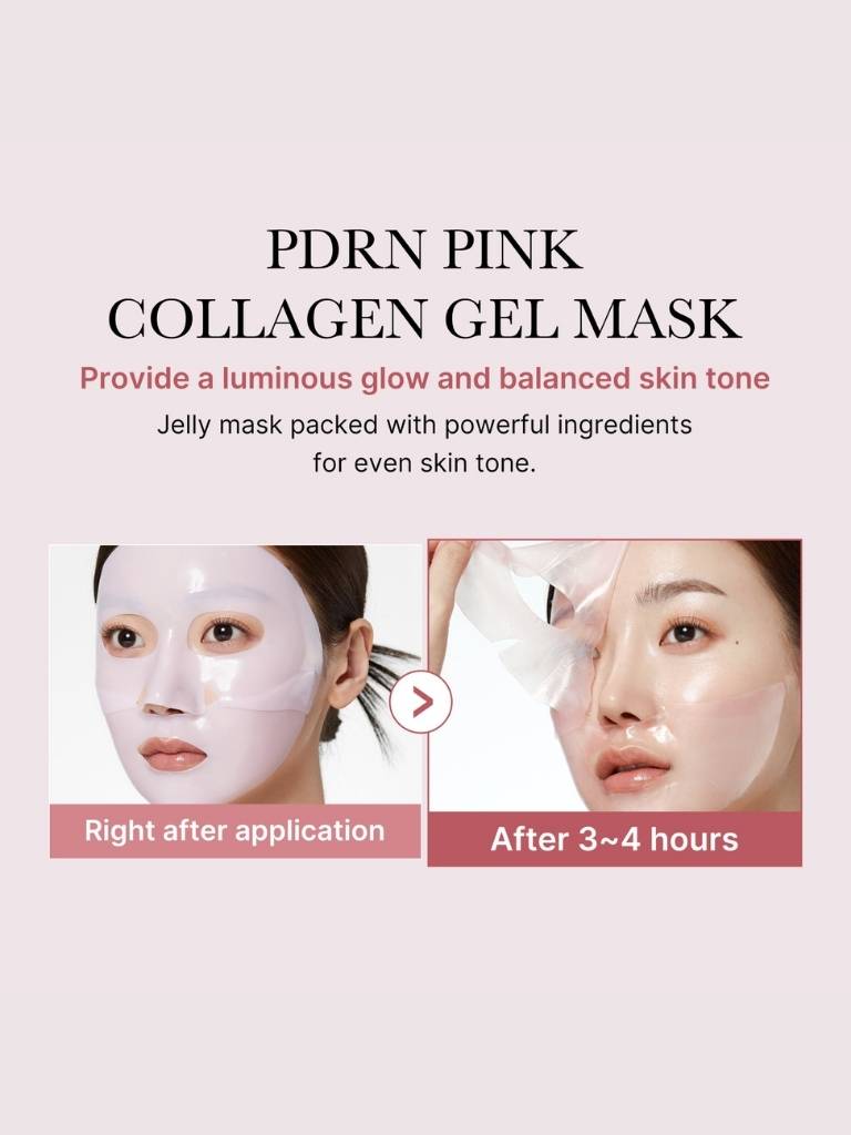 Advertisement for PDRN Pink Collagen Gel Mask showing before and after effects on skin.