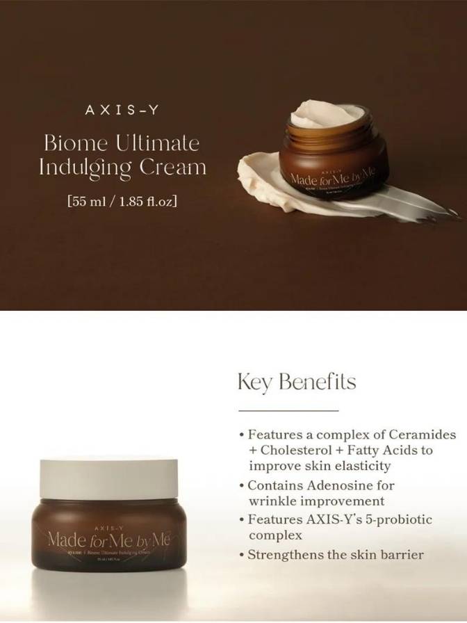 AXIS-Y Biome Ultimate Indulging Cream jar with cream on a white napkin against a brown background