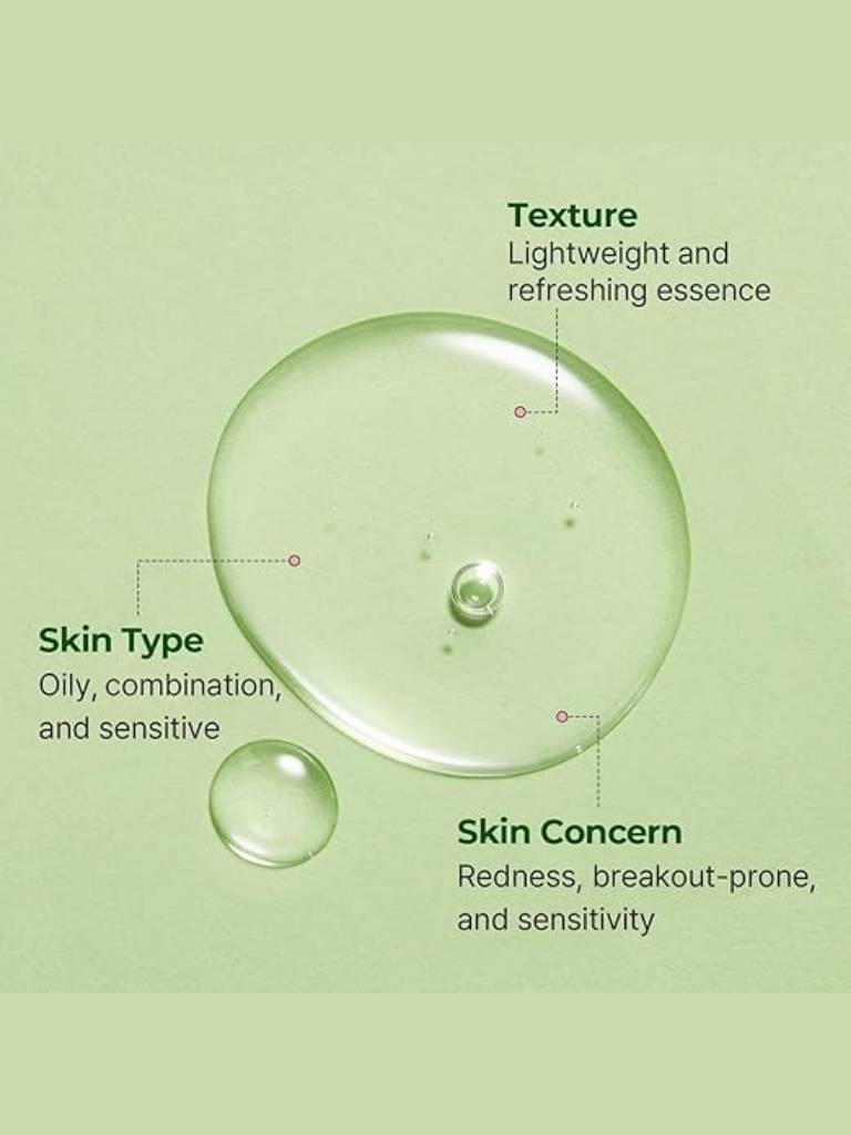 Green background with text about texture, skin type, and concerns related to a skincare product.