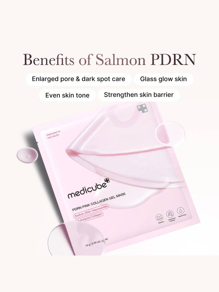 Pink collagen gel mask with text on benefits on a white background
