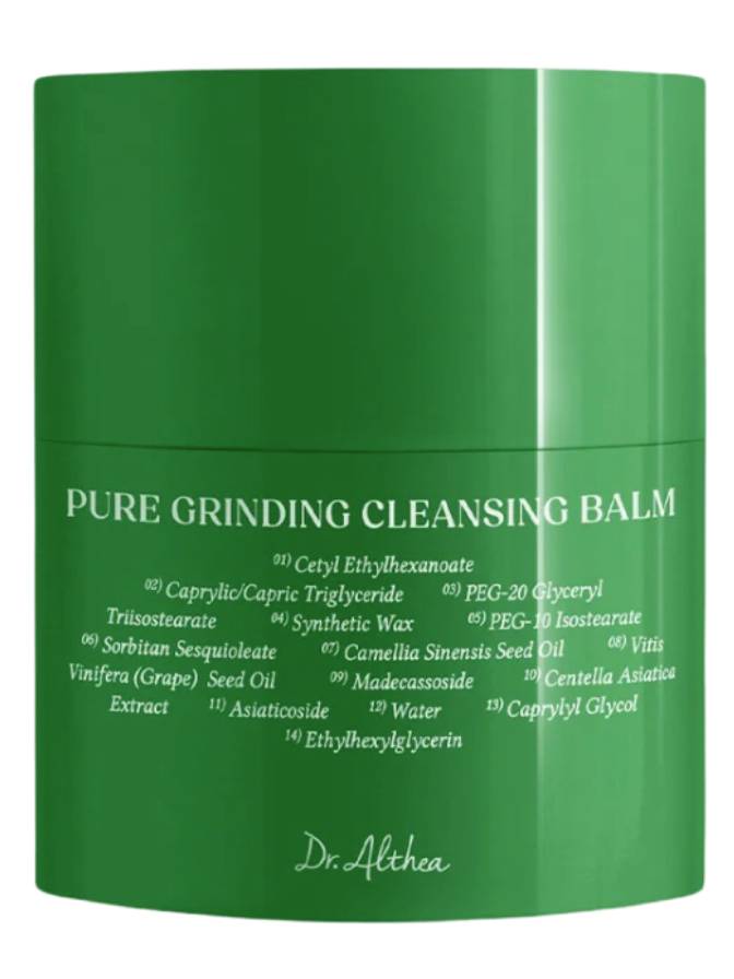 Green container of Dr. Althea Pure Grinding Cleansing Balm with ingredient list on a white background