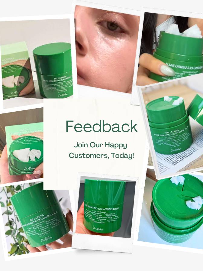Collage of green skincare product containers with a call to action for feedback.