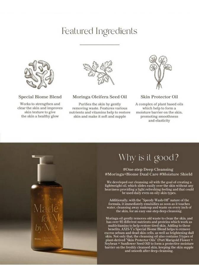 Bottle of skincare product with text on ingredients and benefits on a white background