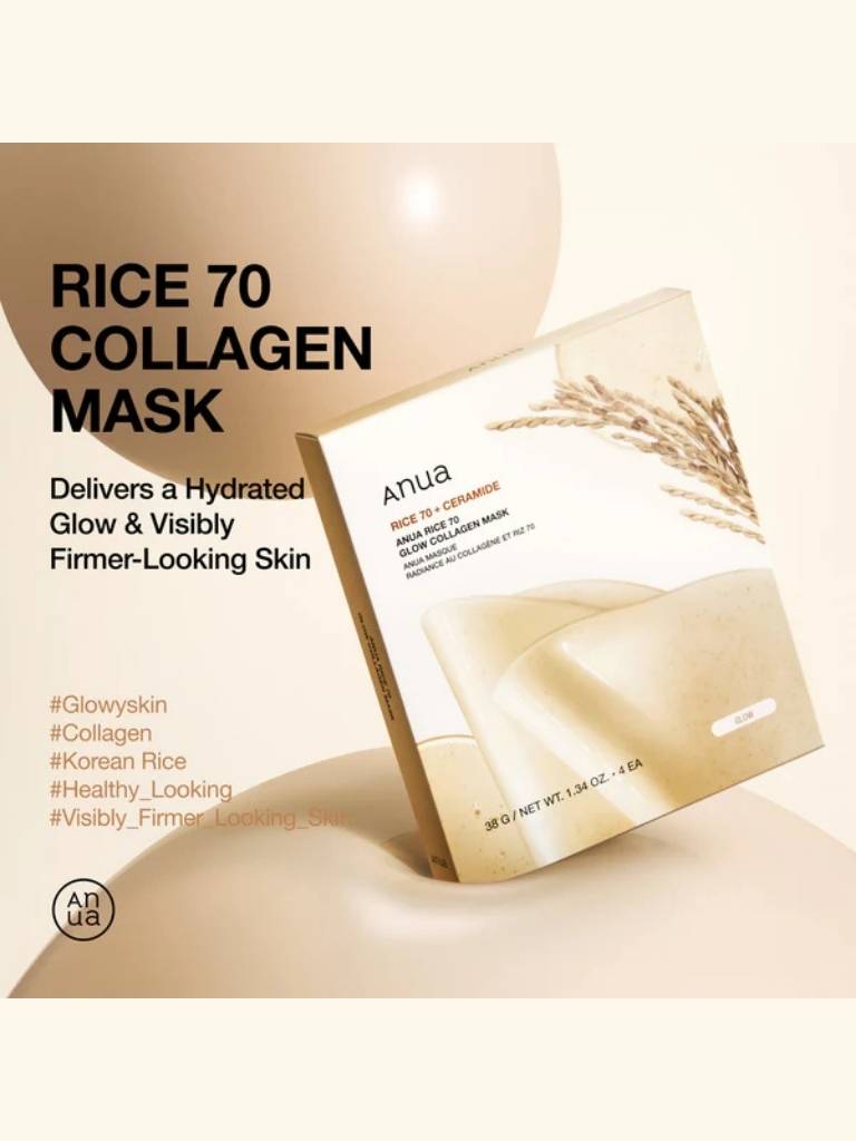 Anua Rice 70 Collagen Mask packaging on a beige background