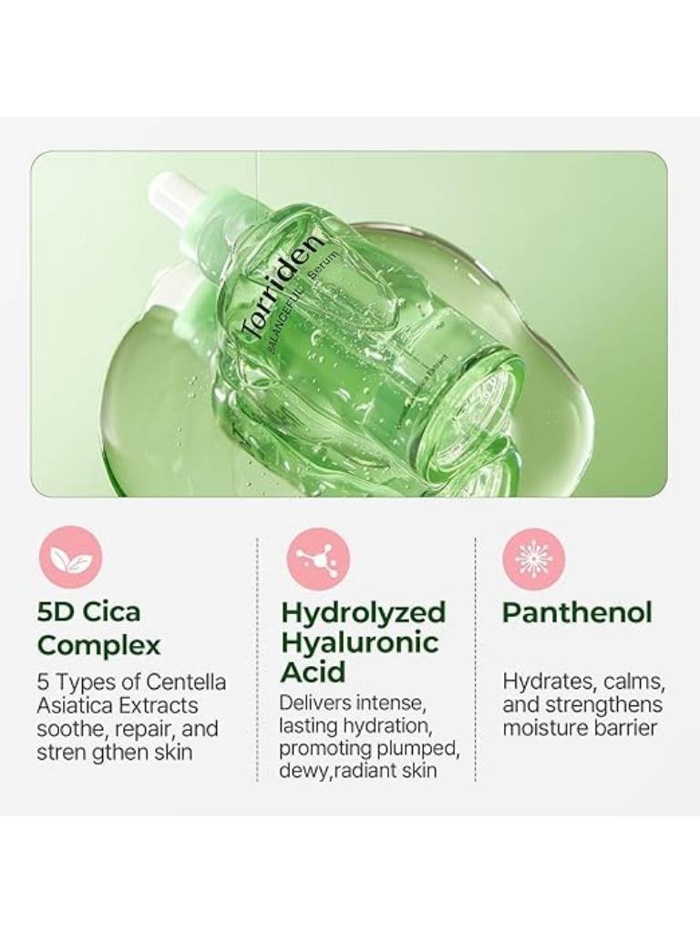 Green skincare product with text detailing ingredients on a light green background