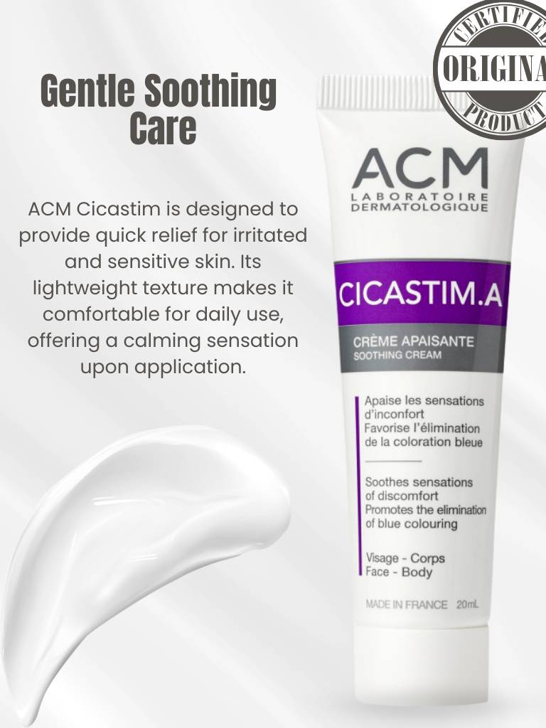 ACM Cicastim cream tube with text about gentle soothing care on a white background