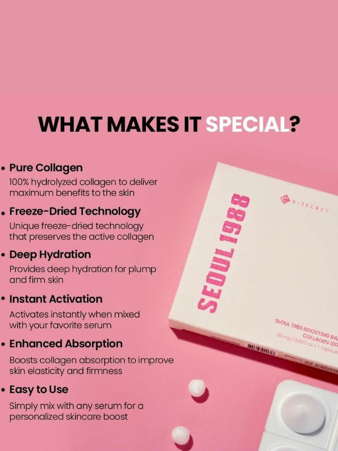 Product packaging with text highlighting features on a pink background