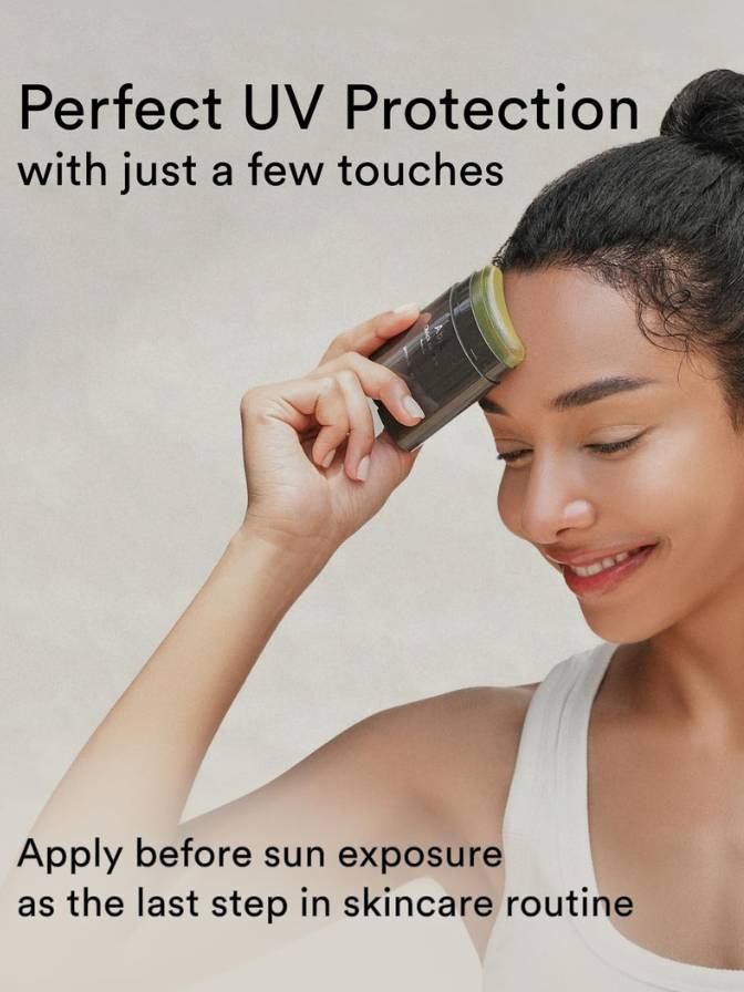 Woman applying sunscreen with text about UV protection and application.