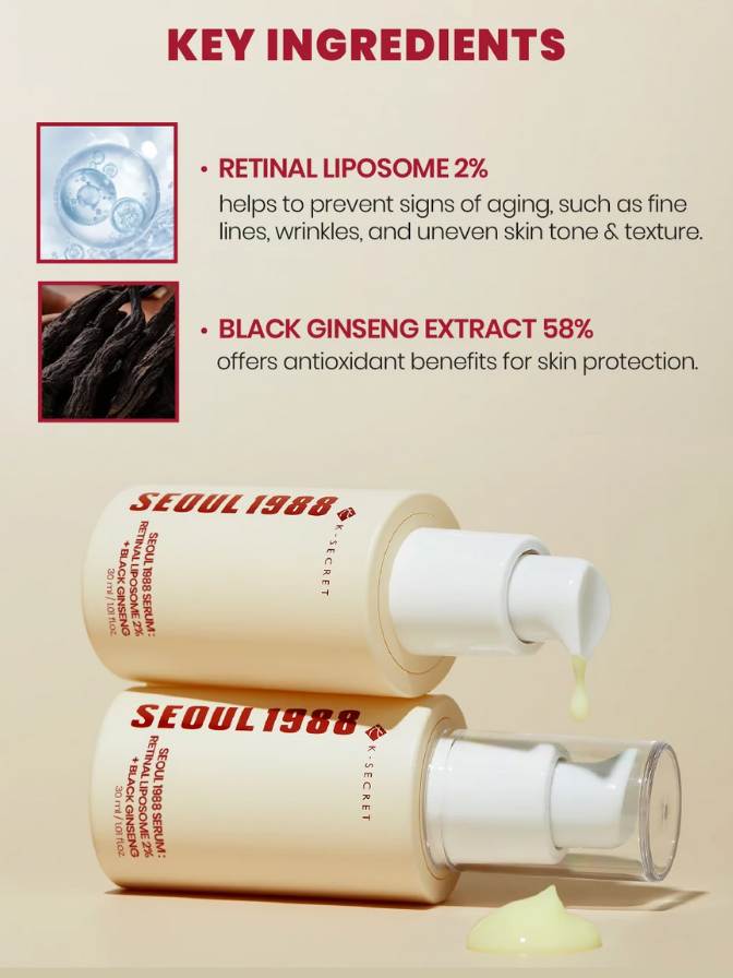 Seoul 1988 skincare product with key ingredients listed on a beige background