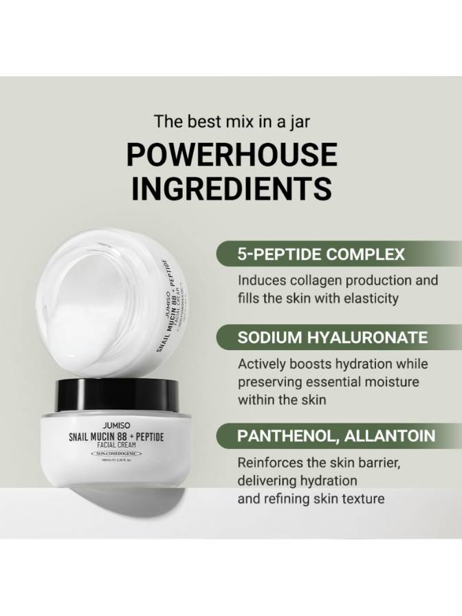 Skincare jar with text detailing powerhouse ingredients on a light gray background