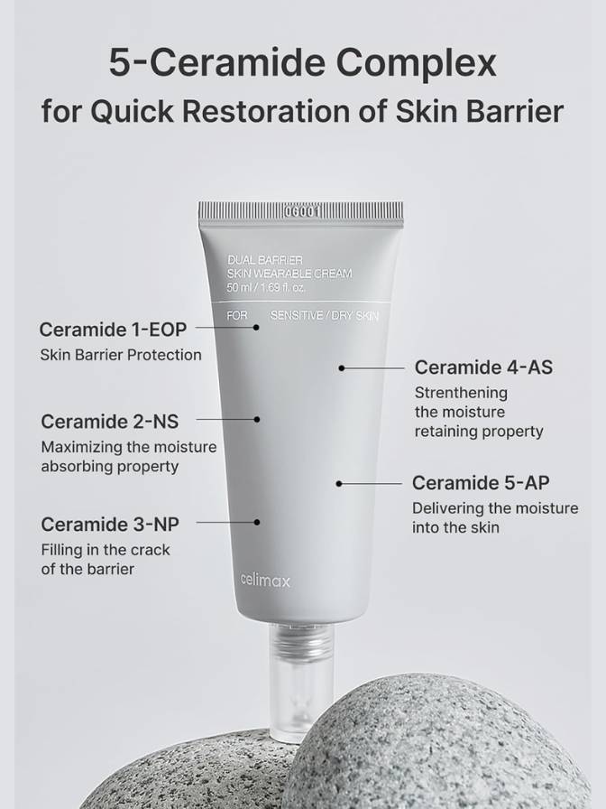 Skincare tube with 5-ceramide complex information on a light gray background