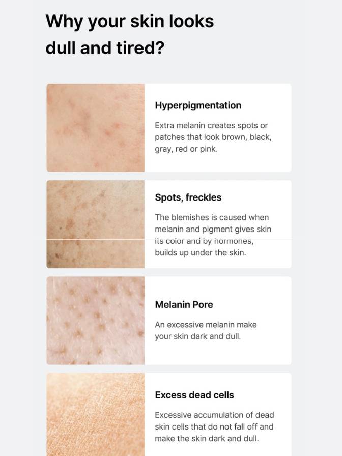Explanation of skin conditions affecting appearance with text and skin color samples.
