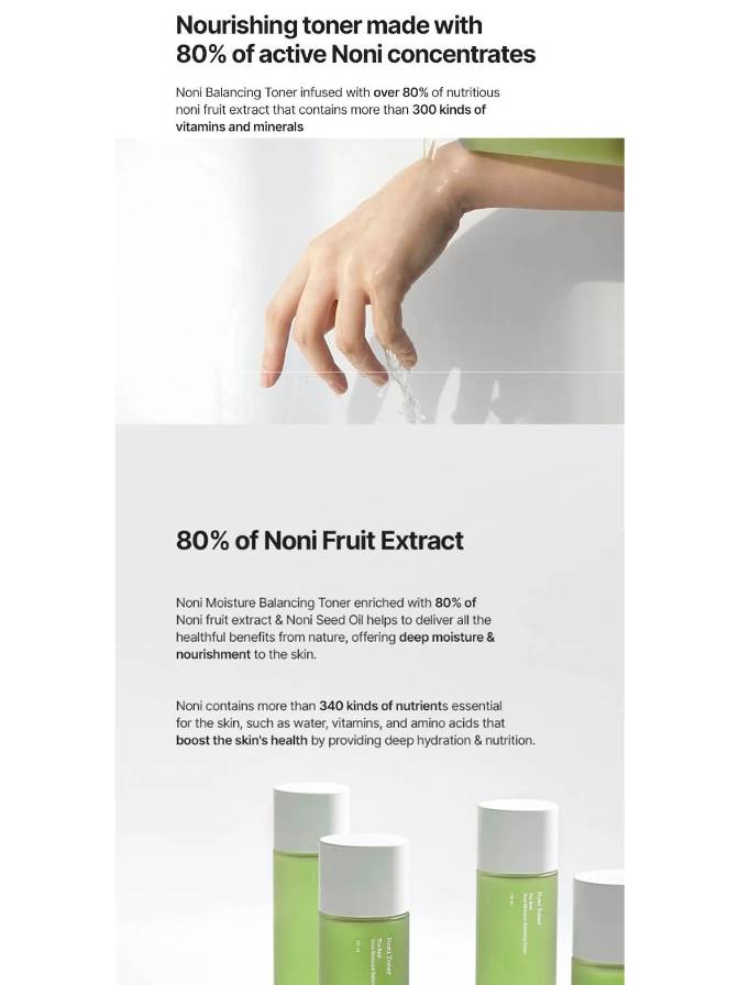 Nori Balancing Toner with text about noni fruit extract and benefits