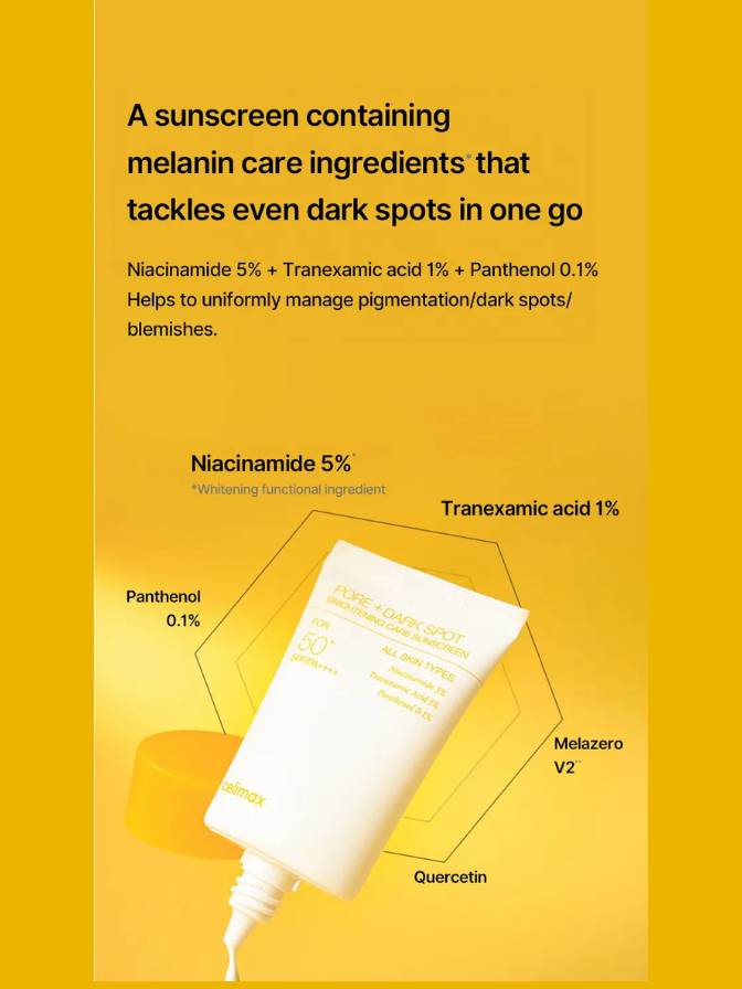 Sunscreen product with melanin care ingredients on a yellow background