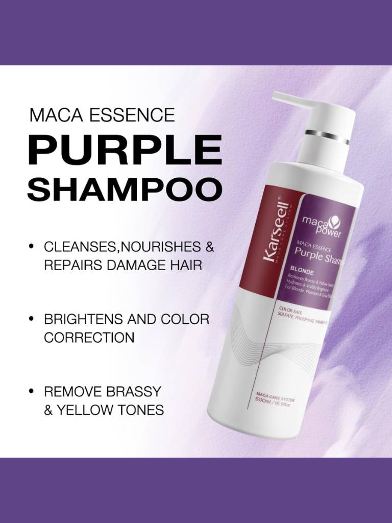 Maca Essence Purple Shampoo bottle on a purple background with product details.