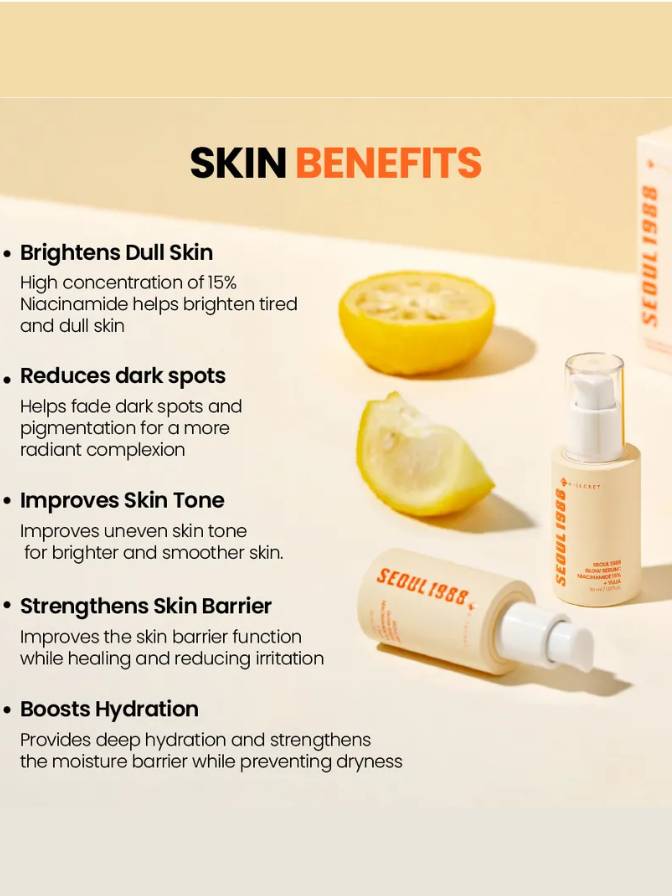 Product with lemon slices and text highlighting skin benefits on a light background