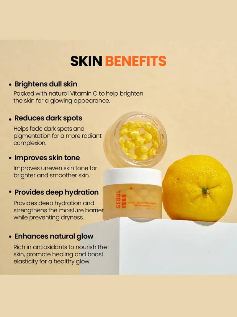 Product packaging with lemon and text on skin benefits on a beige background