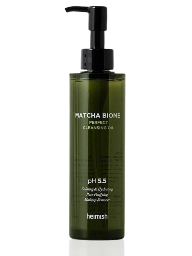 Green bottle of Matcha Biome Perfect Cleansing Oil with pump on a white background