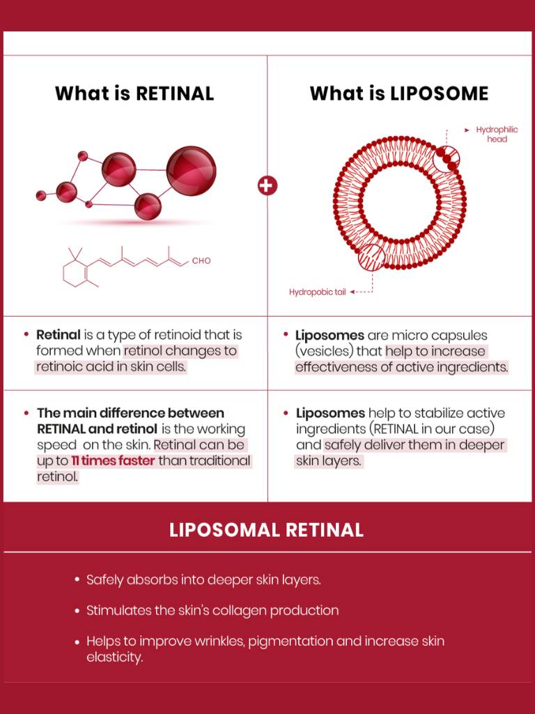 Educational graphic comparing retinal and liposome structures with text explaining their functions.