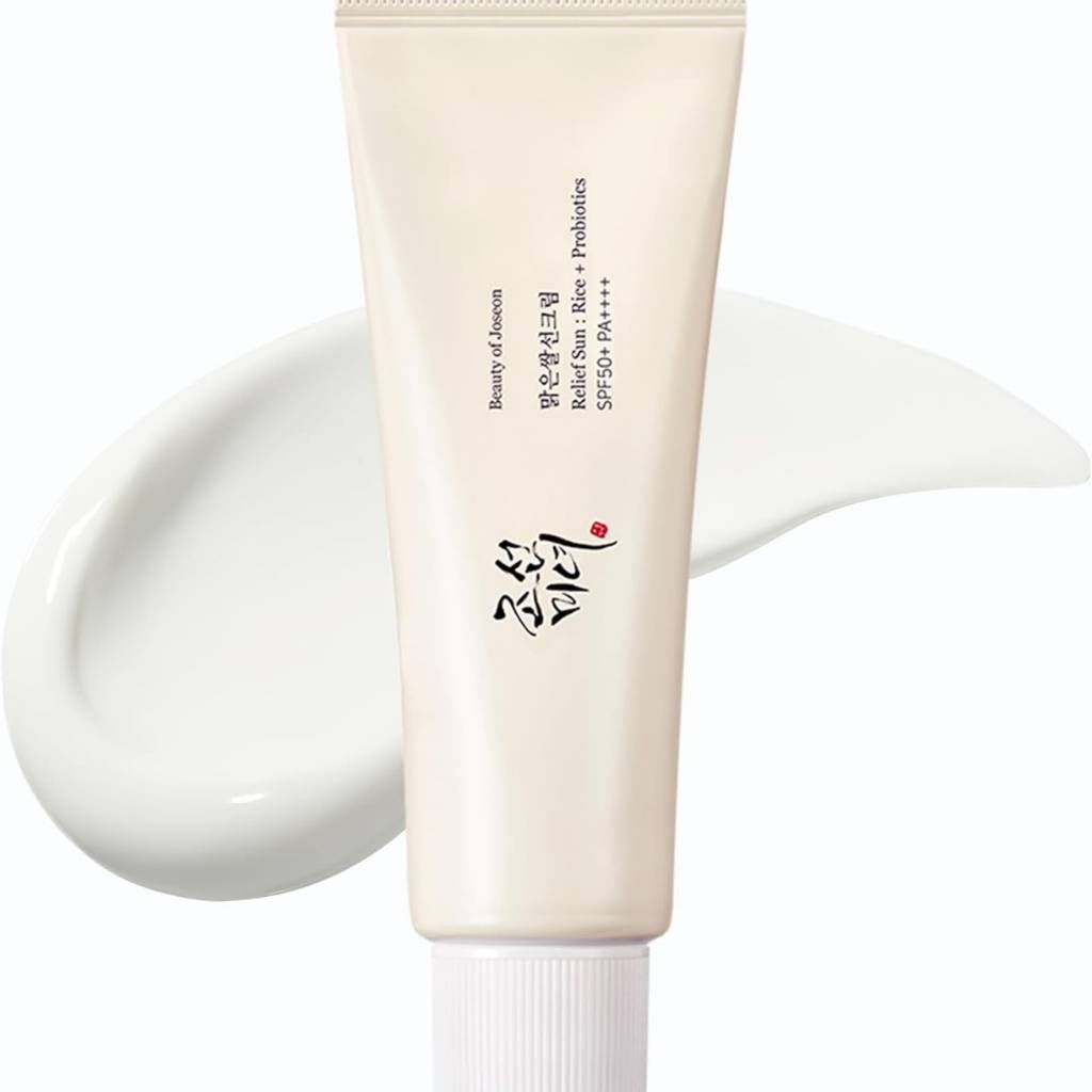 “Beauty of Joseon Relief Sun SPF50+ Rice + Probiotics Sunscreen tube on white background – lightweight Korean sun protection”
