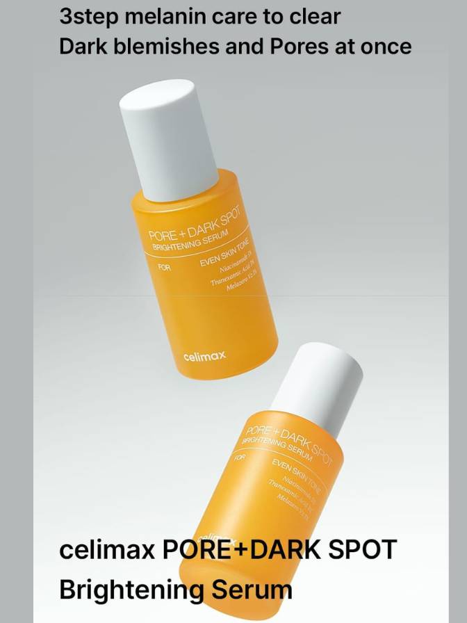 Two bottles of celimax PORE+DARK SPOT Brightening Serum on a light gray background.