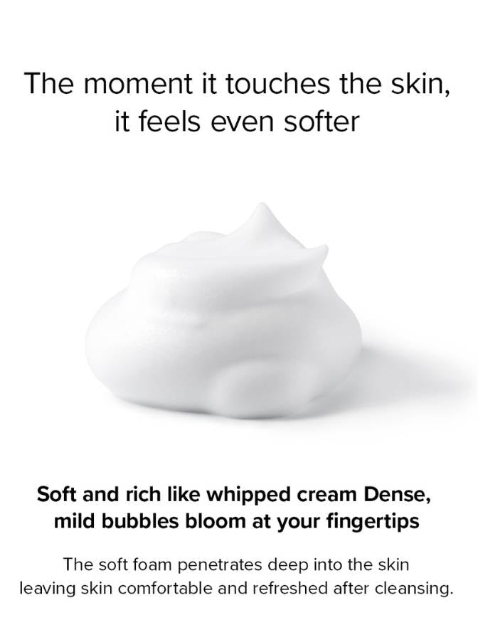 White foam product with text describing its texture and effects on skin.
