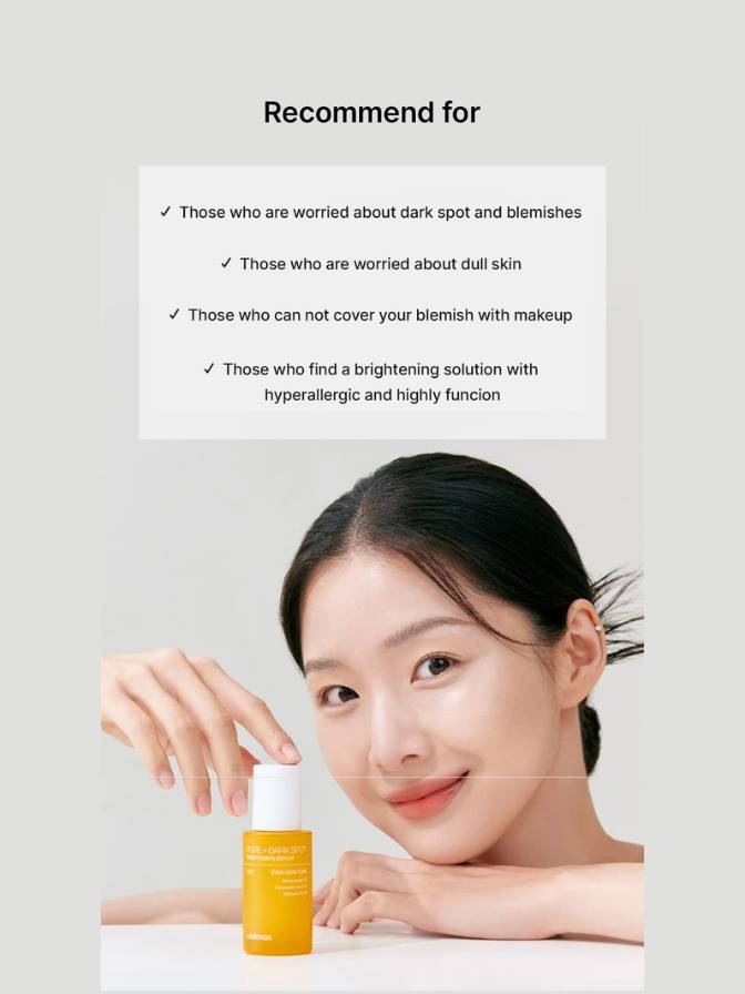 Woman holding a skincare bottle with text about product use on a gray background