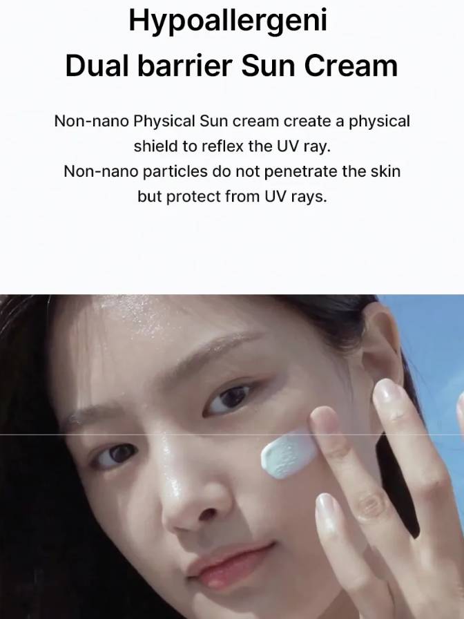 Advertisement for Hypoallergeni Dual Barrier Sun Cream with a close-up of a person applying cream to their skin.