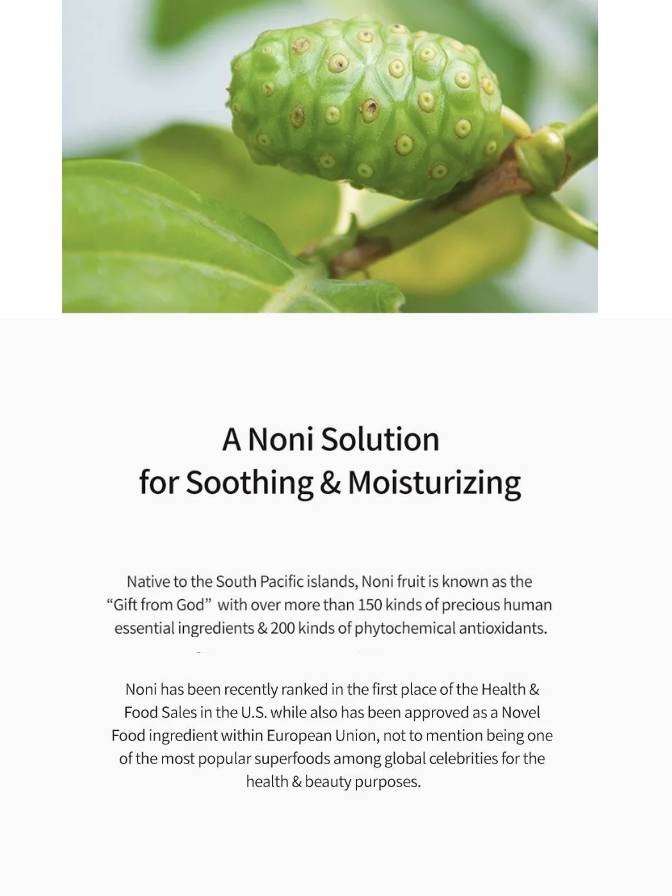 Green noni fruit on a branch with text about a noni solution for soothing and moisturizing.