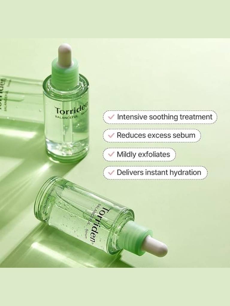 Two green skincare bottles with droppers on a light green background, featuring text about product benefits.