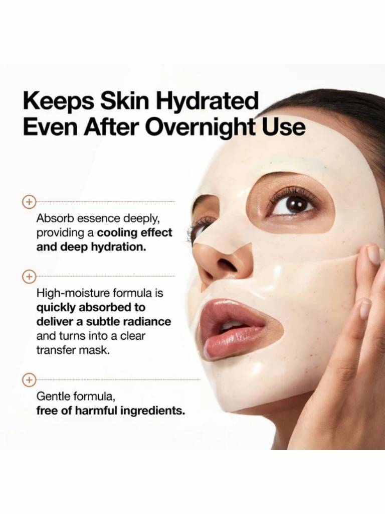 Person wearing a face mask with text highlighting its benefits