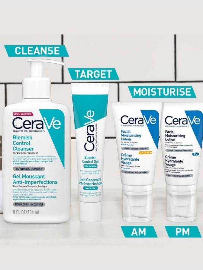 CeraVe skincare products on a tiled wall background
