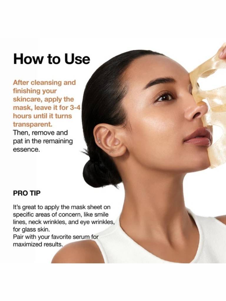 Woman applying a skincare mask with text on how to use it