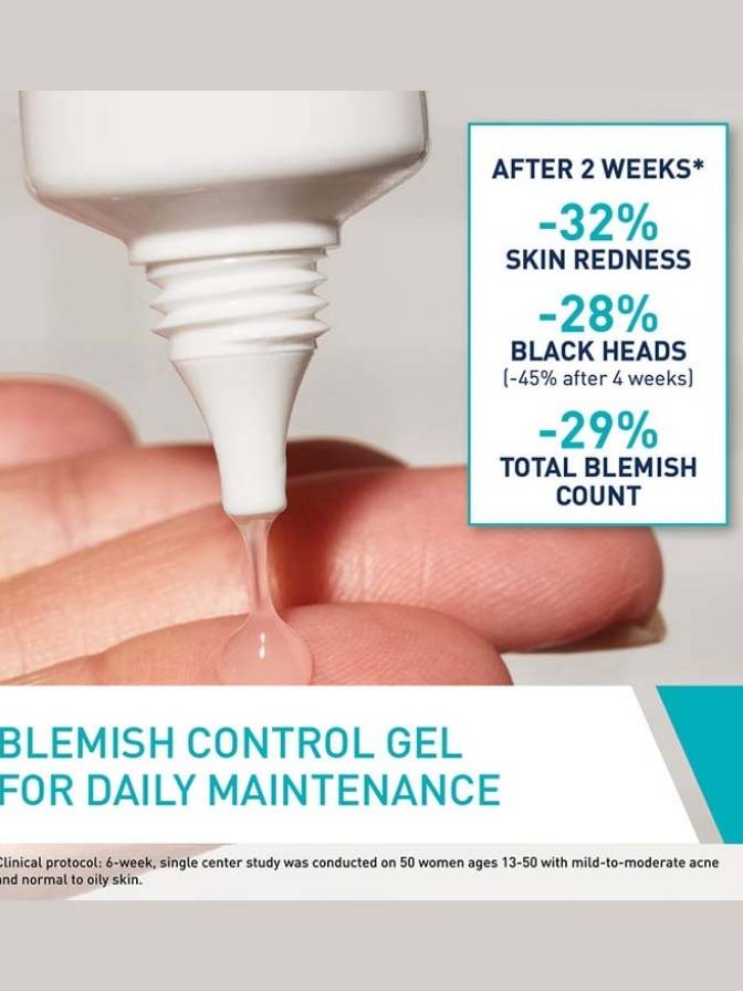 Blemish control gel being applied with a text box showing skincare benefits.