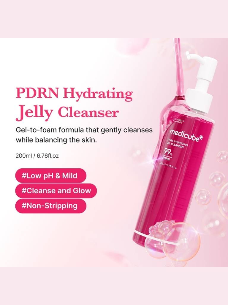 Meditube PDRN Hydrating Jelly Cleanser bottle on a pink background with product details.