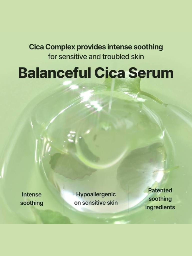 Advertisement for Balanceful Cica Serum with text about its benefits on a green background