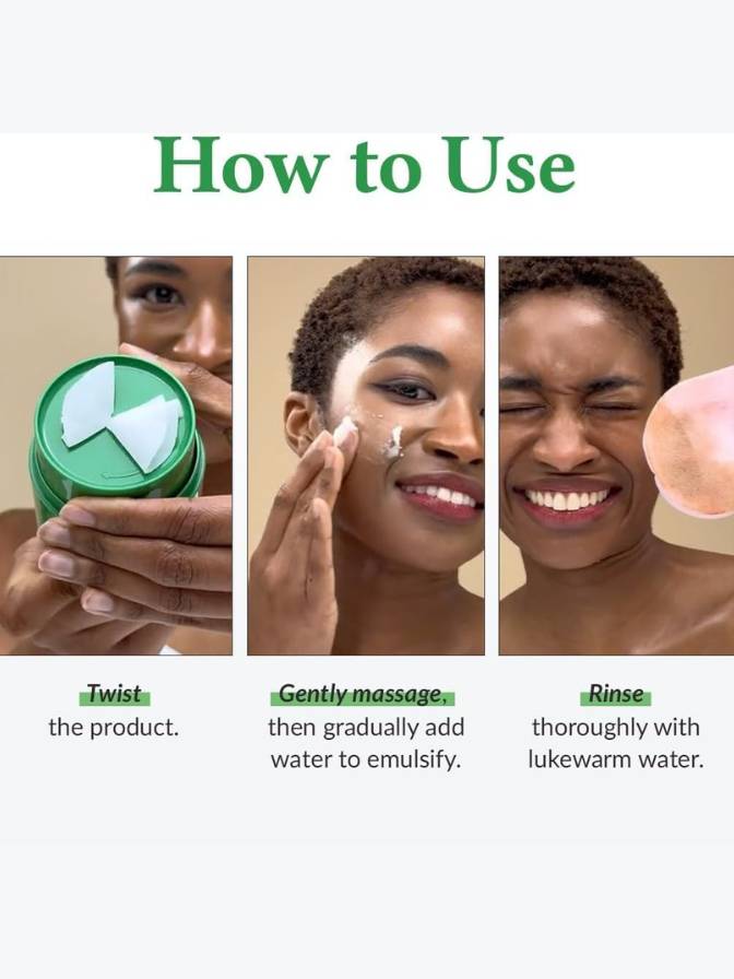 Instructions on how to use a product with a woman applying it to her face.